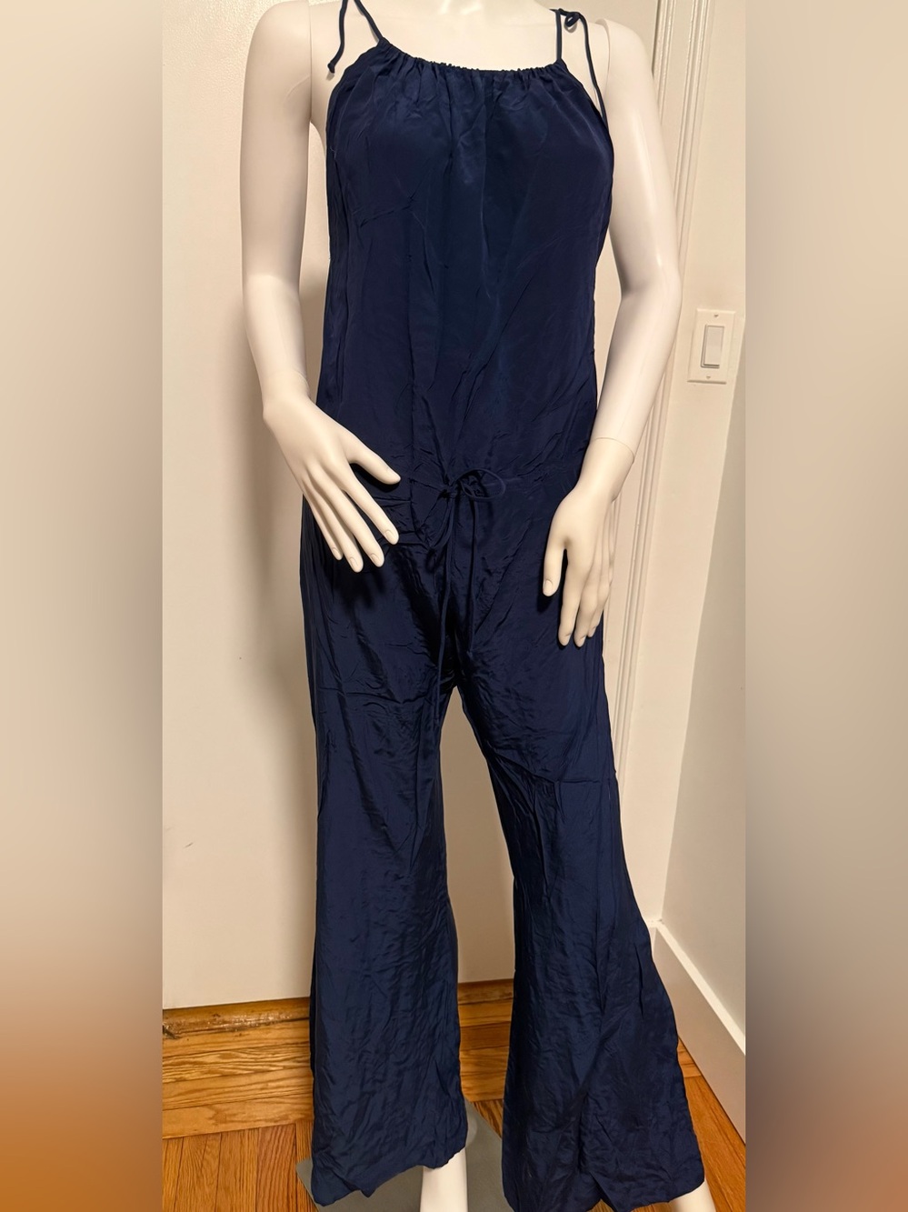 Vintage Ra Mona La Rue Navy Silky Spaghetti Straps Flared Leg Jumpsuit Size S